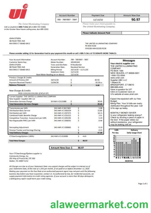 USA Connecticut The United Illuminating Company electricity utility bill template in Word and PDF format